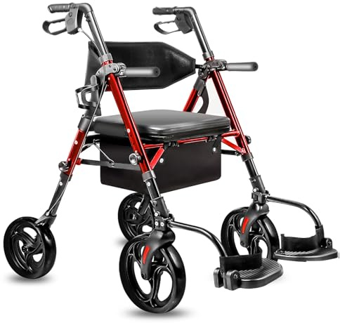 Flyingjoy Foldable 2-in-1 Rollator Walker and Wheelchair Combo for Seniors with Seat, Heavy Duty Transport Chair 300 lbs Capacity, Lightweight, Anti-Tip Brakes, Adjustable Height 33.5-40 (Red)