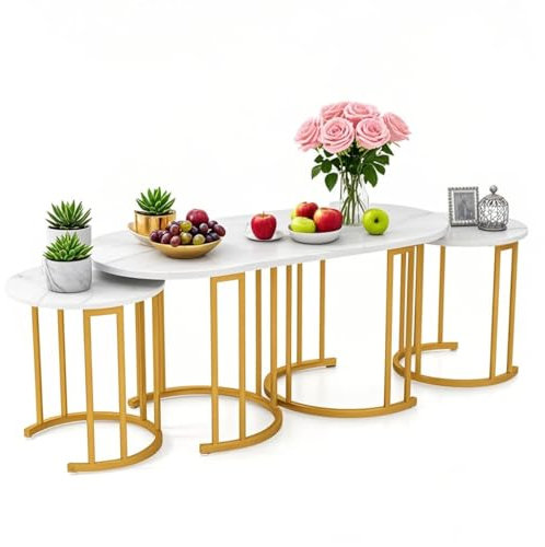 LIFEZEAL 3er Set Couchtische, Wohnzimmertisch mit Kunstmarmor & goldenem Metallrahmen, Satztisch mit abgerundeten Ecken, Eleganter Beistelltisch für Wohnzimmer Schlafzimmer