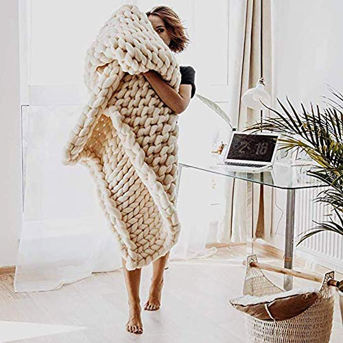 Handgjord tjock stickad ullfilt grov stickad filt för soffa yogamatta stor mjuk beige 80 x 80 cm