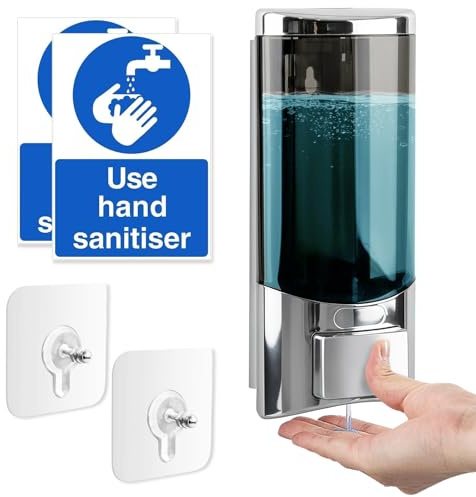 500ML Wall Mounted Soap Dispenser, Hand Sanitiser Dispenser Manual Gel Liquid Shampoo Detergent dispenser for Home Business Hotel School with USE HAND SANITISER Sign Punch-free Screw Sticker (Silver)