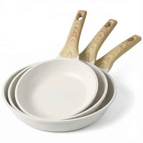 GiPP Sartén Antiadherente de Cerámica，Sartenes para freír Saludable y No Tóxica,Compatible con Inducción,Libre de PFAS y PFOA,Apta para Lavavajillas（Blanco,24+26+28cm）