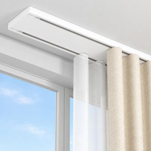 PeSenp Double Curtain Track Ceiling Mounted,Aluminum Heavy Duty Curtain Rail with Silent Rollers,Ceiling Curtain Tracks and Fittings for Living Room,Bedroom,Easy Installation (White, 1.8m)