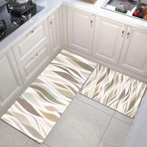 DUOTCYELE Set Di Tappeti Da Cucina 2 Pezzi Foglie Ondulate Di Salice, Tappetino Cucina Stile Wabi-Sabi Minimalista, Tappeti Passatoia Anti Fatica Facili Pulire, Colore Crema, 45x75cm+45x150cm