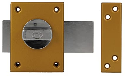 Amig - Serrure à chevauchement avec levier de verrouillage et manchette intérieure pour portes en bois Mod. 85 | 85 x 65 mm | Loquet avec cylindre rond pour la sécurité | Acier émaillé doré