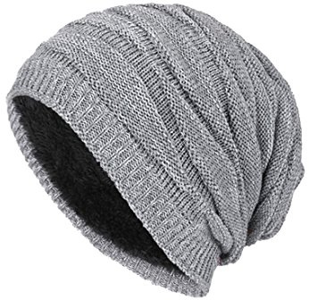 DD UP Winter Beanie Hat Men Warm Knit Long Slouch Skull Cap Thermal with Soft Fleece Lining Gray