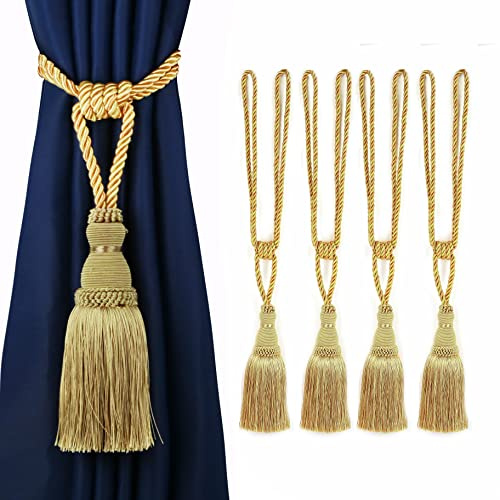 BEL AVENIR - Alzapaños decorativos para cortinas, hechos a mano, elegantes, con borlas, para cortinas (dorado, 4)
