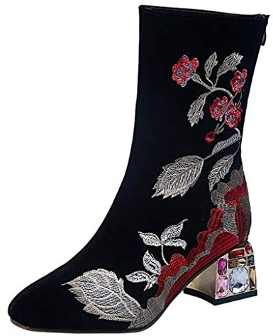 Stivali Donna Retro Tacchi Quadrati Stivali con Cerniera Ricamata in Stoffa Scarpe a Punta (39,Nero)