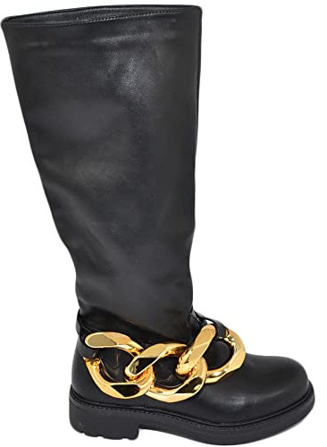 Stivali Donna Chelsea Combat Pelle Nero Alto Ginocchio Gambale con Catena Grande Oro Rimovibile Elastico Polpaccio Zip (38 EU)