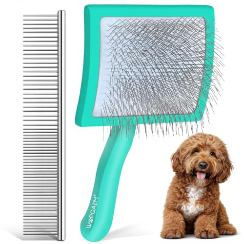 WOPQAEM Slicker Bürste für Hunde & Katzen – mit Holzgriff und extra Langen Edelstahlpins – entfernt Unterwolle, Knoten & Verfilzungen – mit Pflegekamm – für Golden Retriever & Maine Coon – Grün
