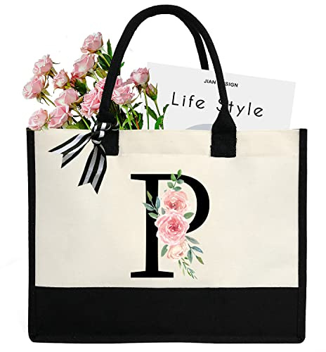 sundee Borsa da spiaggia in tela con iniziale personalizzata, borsa tote in tela con tasca interna con cerniera, borsa da regalo con monogramma per matrimoni, compleanni, vacanze, Lettera P nera, One