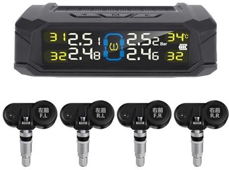 Tire Pressure Monitoring System, TPMS Solar Wireless Tyre Pressure Monitor with LCD Display, 6 Alarm Modes & 4 Internal Sensors, Real-time Display Tire Pressure Monitoring System