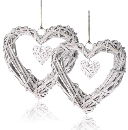 MenYiYDS 2 Pcs Decoración de Guirnalda de corazón de Mimbre, Colgante de Guirnalda de corazón, artesanías de corazón de ratán Hechas a Mano para decoración de exhibición de Pared de Fotos DIY