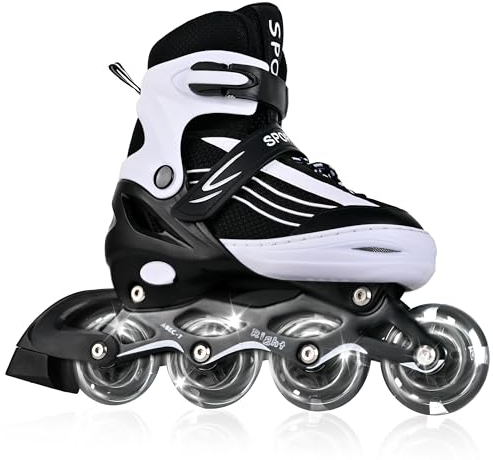 MGYZM Inliner für Kinder, größenverstellbare Inline Skates für Kinder, Erwachsene Mädchen und Jungen Inline Skates, Rollschuhe für drinnen und draußen, Schwarz und Weiß (Medium)