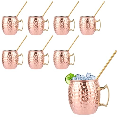 ZOFUN 4 Stück Moscow Mule Becher Kupfer Becher Set, 530 ml Kupferbecher Moscow Mule Moscow Mule Tassen Kupfer mit 4 Trinkhalme for Kaltes Getränk, Wein, Bar, Party, Geschenkset