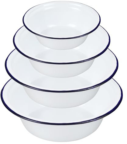 WENLISELL 4 Pcs Enamel Pie Dishes for The Oven, White Blue Trim Round Pie Dishes, 16cm, 18cm, 20cm, 22cm Enamel Dish for Stove