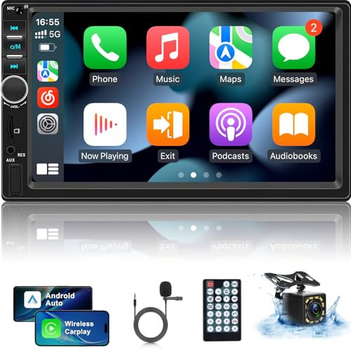 Autoradio 2 Din con Carplay e Android Auto - Stereo Auto Touchscreen da 7 Pollici con Mirror Link, EQ, Bluetooth, Radio FM, SWC, Ingresso USB/AUX/SD + Telecamera di Backup