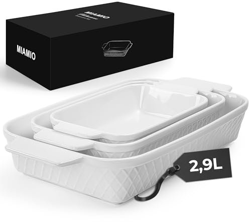 MIAMIO - Set di 3 casseruole/teglie/pirofile rettangolari in ceramica, set di pentole impilabili a 3 pezzi, 850 ml, 1650 ml, 2900 ml - Lavabile in lavastoviglie e in forno - Collezione Palmanova
