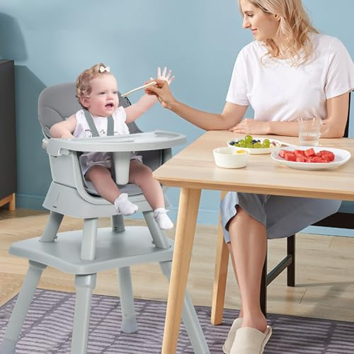 GYMAX Seggiolone Convertibile 6-in-1 per Bambini, con Tavolo Blocchi, Vassoio Rimovibile, Piedi Antiscivolo, Imbracatura a 5 Punti, per Bambini 6-36 Mesi, 57x58x98 cm, Grigio/Rosa (Grigio)