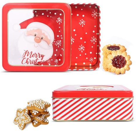 Minicoco 2Pcs Square Christmas Tins with Window, Airtight Biscuit Tins & Jars Storage Containers for Cakes, Biscuits & Sweets Chocolates- Perfect Festival Gifts For Family and friends(Red A)