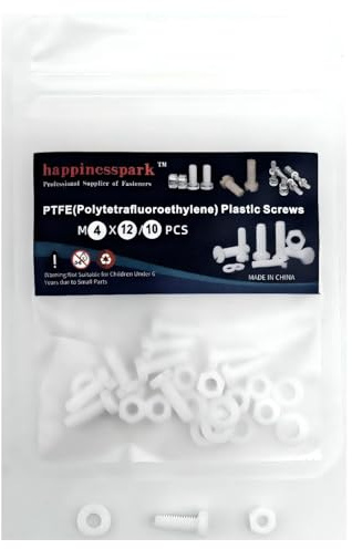 Happinesspark 10Sets M4x12 PTFE (Polytetrafluoroethylene) Teflon Plastic Metric Slotted Cylindrical(Cheese) Head Screws Nuts Washers (Corrosion Resistant Electrical Insulation)