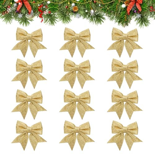 Luabue Lot de 12 Nœuds de Sapin de Noël, Décorations de Nœuds de Noël, Décorations de Nœuds de Noël pour Fêtes, Banquets, Arbres de Noël, Décorations de Noël (Jaune)