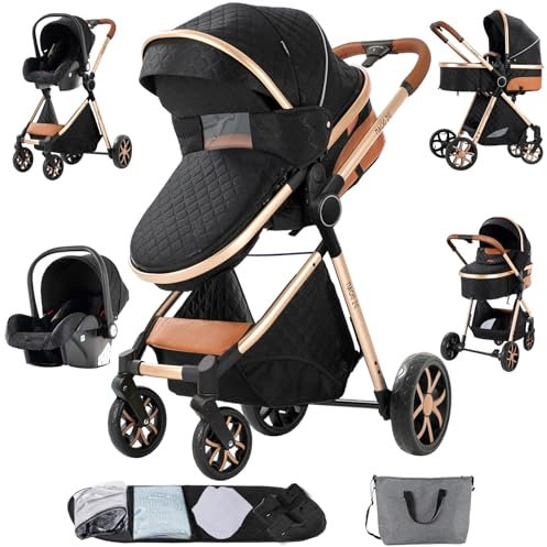 Sianldcone Kinderwagen 3 in 1, Hochwertige Stoffe Kinderwagen Set, Zwei-Wege-Schiebefunktion Reisesysteme, Offene Sicht Kombikinderwagen 3 in 1 Komplettset (V9 Black)