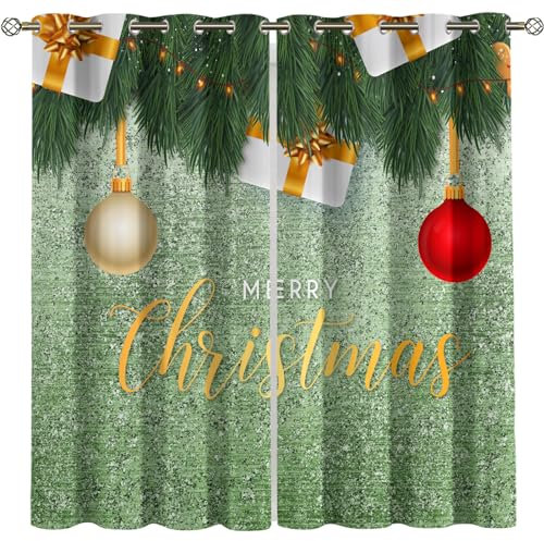 Kinder Gardinen Kinderzimmer Junge Mädchen Blickdicht Grüne Weihnachtsglocken Kreative Weihnachten 200X160Cm 2Er Set Verdunkelungsvorhang Thermovorhang Hitzeschutz Vorhänge Wohnzimmer Schlafzimmer