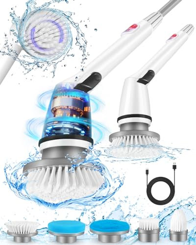 Electric Spin Scrubber, Power Scrubber with Adjustable Extendable Arm & 5 Replacement Brush Heads, USB Rechargeable Cleaning Brush for Bathroom, Bathtub, Kitchen, Tile & Floor Scrubbing