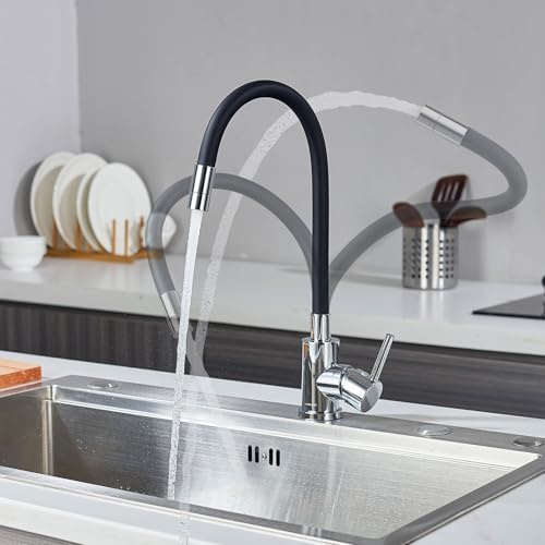 LakeBayMZC Grifo de Cocina Flexible Con 2 Modos, Grifo Mezclador de Cocina Giratorio 360°, Acero Inoxidable Cepillado y Manguera de Negro Silicona Segura,Cromado