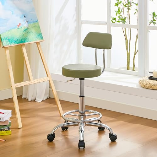 FIRAVOE Height Adjustable Stool 19.5-26.6, Rolling Chair with Back and Footrest, Green Esthetician Stool Ergonomic (Green)