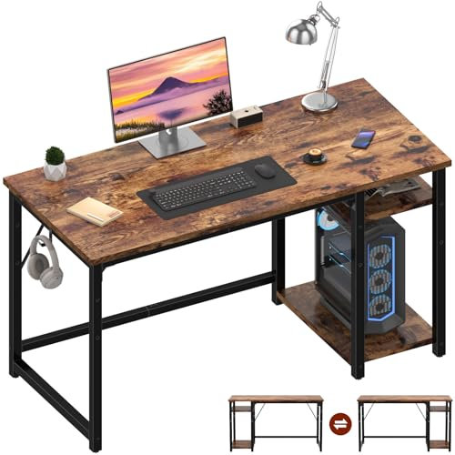 JUMMICO Schreibtisch 120cm mit Regalen, Tisch mit Stauraum, stabile Stahlkonstruktion – Rechts- oder Linksschreibtisch – Rustikales Braun