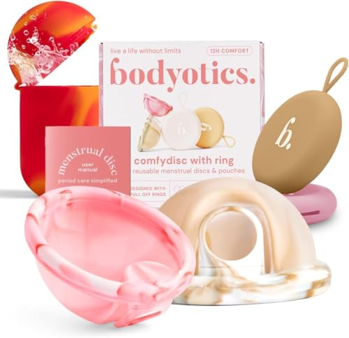 Disques menstruels réutilisables (S & L) et étui stérilisateur polyvalent – Ensemble de disques réutilisables avec conteneur portable silicone pour nettoyage et rangement (Rose et Beige)