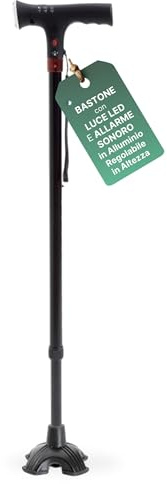 REMEDIA ONE - Bastone per Anziani in Alluminio con Luce Led e Allarme Acustico, Bastone da Passeggio con Impugnatura Ergonomica, Regolabile H. 74-96cm