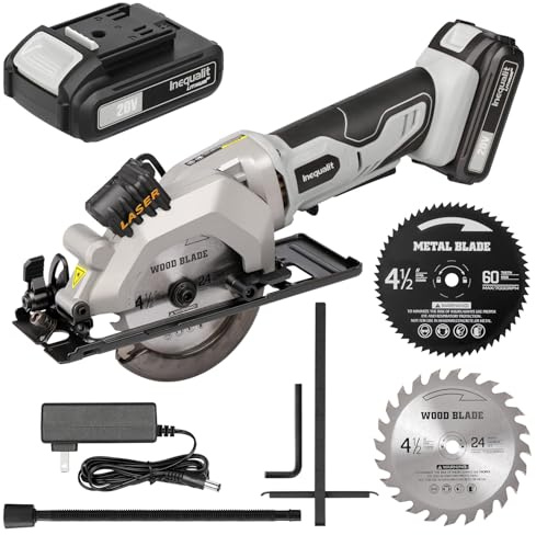 Inequalit Cordless Mini Circular Saw, 4-1/2 Inch 3400 RPM Circular Saw with Laser Guide, Rip Guides, 2 Blades (24T Wood + 60T Metal), Max Cutting Depth 1-11/16 (90°), 1-1/8 (45°)
