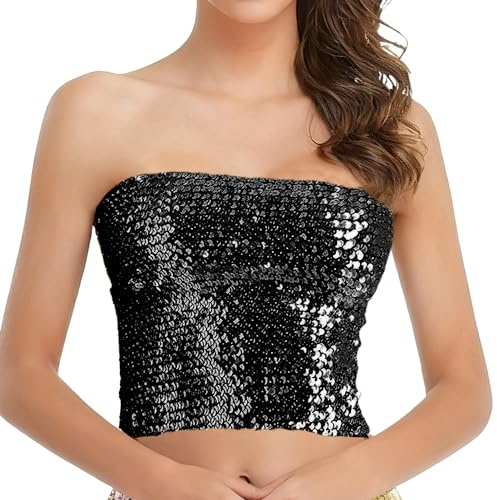 Carnavalife Tops Cortos y Atrevidos para Mujer con Lentejuelas, Top de Tubo Metálico sin Tirantes para Looks de Fiesta y Club