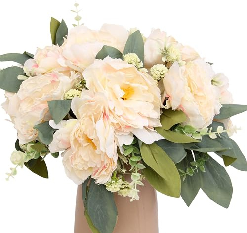 KP HOME Mazzo di Peonie Artificiali in Seta Tocco Reale - Fiori Finti Per Decorazioni con 12 Capolini Crema, Steli H 40 cm - Composizione per Interni ed Esterni, Tavola, Matrimoni, Eventi o Cimitero