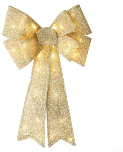 Gdfnmogo LED Lighted Christmas Bow, Red Glow, 8 Lighting Patterns, Timer Feature, Lasting Weather-Resistant Heavy-Duty Wire Frame, 54Cm, Outdoor Seasonal Decoration(Glowing golden)