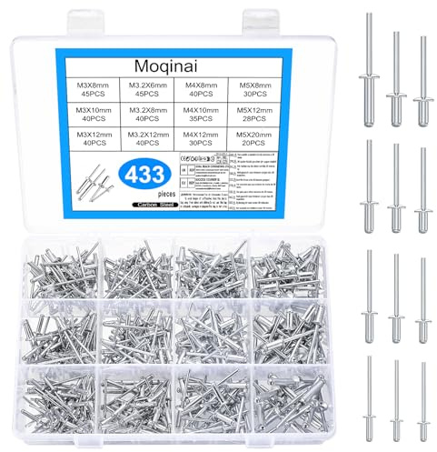 433 Pcs Aluminium Pop Rivet Set(3/3,2/4/5 mm) x (6/8/10/12/20 mm), Large Flange Blind Rivets Assortment Kit, Aluminium Rivets with Steel Mandrel for Rivet Gun, Metal, Wood, Furniture, Marine