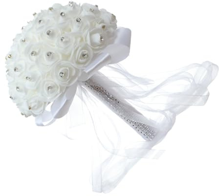 TOGEVAL Bouquet in PE e Strass Artificiale Rose Realistiche Bianco da Sposa e Facile da Curare per Matrimonio Elegante per Cerimonia e Fotografia