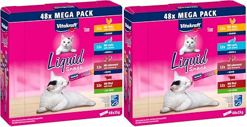 VITAKRAFT- Liquid Snack pour Chats, Friandises pour Chat en Méga Pack, Texture Crémeuse, Au Bœuf, Au Poulet, Au Saumon, 1 Pack Économique (48X 15G) (Lot de 2)
