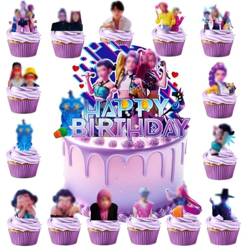16 Pezzi Decorazioni per Torte Dem0n, Demoni Topper per Torta di Compleanno, Hun-ter Topper per Cupcake, Decorazioni per Compleanno a Tema Demoni per Bambini Ragazze