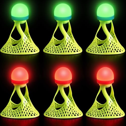Joycabin 6 Stück LED Federball Badmintonbälle, Nylon Leuchtende Federbälle, LED Badmintonb, Wasserdicht Winddicht Badminton Bälle Set für Indoor, Outdoor, Nacht Sportaktivitäten (3 Grün + 3 Rot)