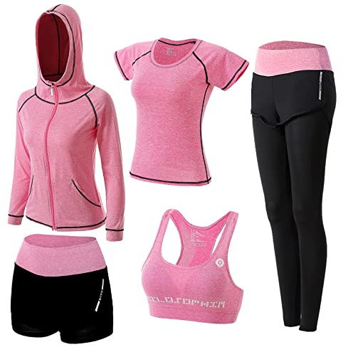 ZETIY Tute da Ginnastica Donna Set, 5 Pezzi Abbigliamento Sportivo Donna per Pilates Yoga Jogging Gym Workout Ginnastica Include Manica Lunga e Corta, Pantaloni, Reggiseno - Rosa - XL