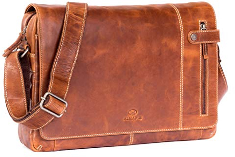 ALMADIH Leder Umhängetasche DYLAN Premium Rindsleder - Ledertasche mit Laptop Fach 15 Zoll Aktentasche Messenger Unitasche Schultertasche Freizeittasche Tragetasche braun (DYLAN deluxe)