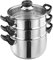 LEWIS'S Induction Steamer Pans 3-Tier with Glass Lid, Silicone Handles, Stainless Steel, Steamer Cooking, Polished Mirror Finish (Silver, 18cm)