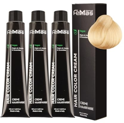FemMas Haarfarbe 3x Hell Lichtblond Gold 10.3 I Creme Haarfarbe mit Arganöl, Keratin & Ceramiden I dauerthafte Haarfärbung oder Tönung für strahlende Farbergebnisse I 100 ml
