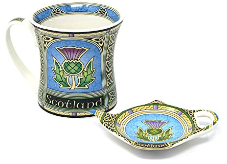 Royal Tara Lot de 1 porte-sachet de thé et 1 tasse écossaise avec chardon (325 ml)