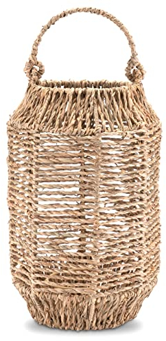 Decorasian Lanterne en jonc de mer – Lanterne bohème en osier à suspendre ou à poser – Intérieur et extérieur