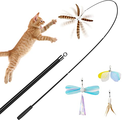 uahpet katzenspielzeug Versenkbare Interaktive Katzenangel 150cm Sicherer Jagdabstand mit 4 Natürliche Federn Katzen Zubehör,Unterschiedliche Sinneserfahrungen Regen die Jagdlust der Katze an.