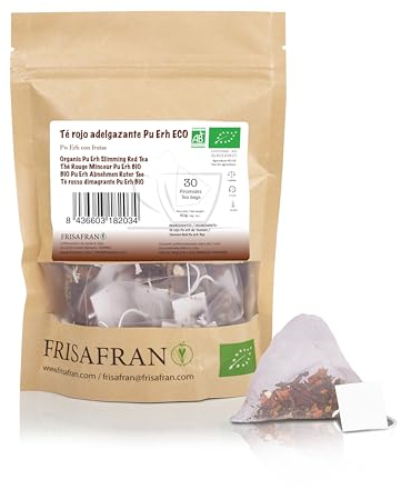 FRISAFRAN | Té Rojo Pu Erh Ecológico pirámides 60Ud | 120g | Adelgazante | Diurético | Digestivo| Detox | Quemagrasa | Drenante | te rojo en bolsitas | té rojo pu erh | natural | infusion sin aditivos